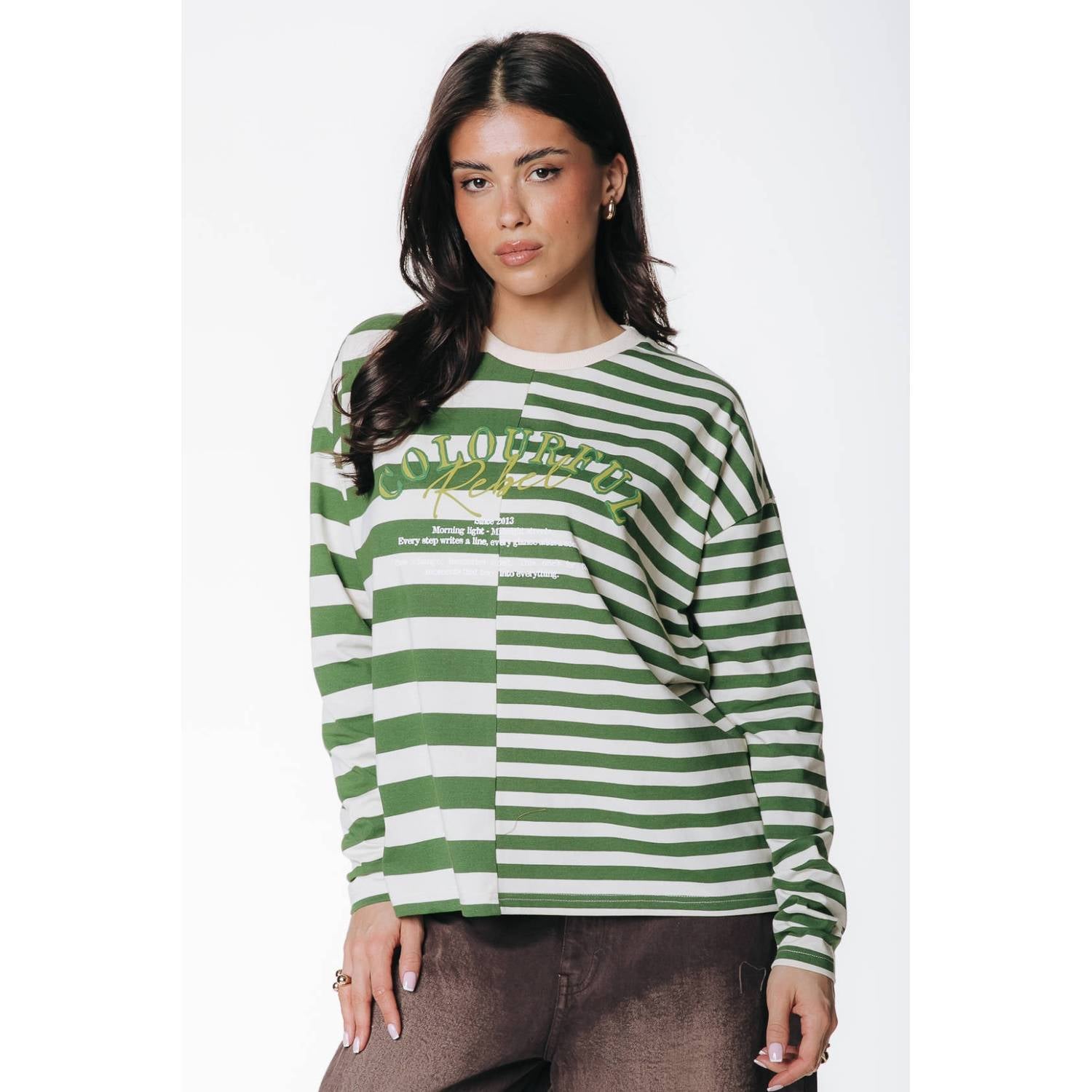 Colourful Rebel gestreept T-shirt met tekst groen