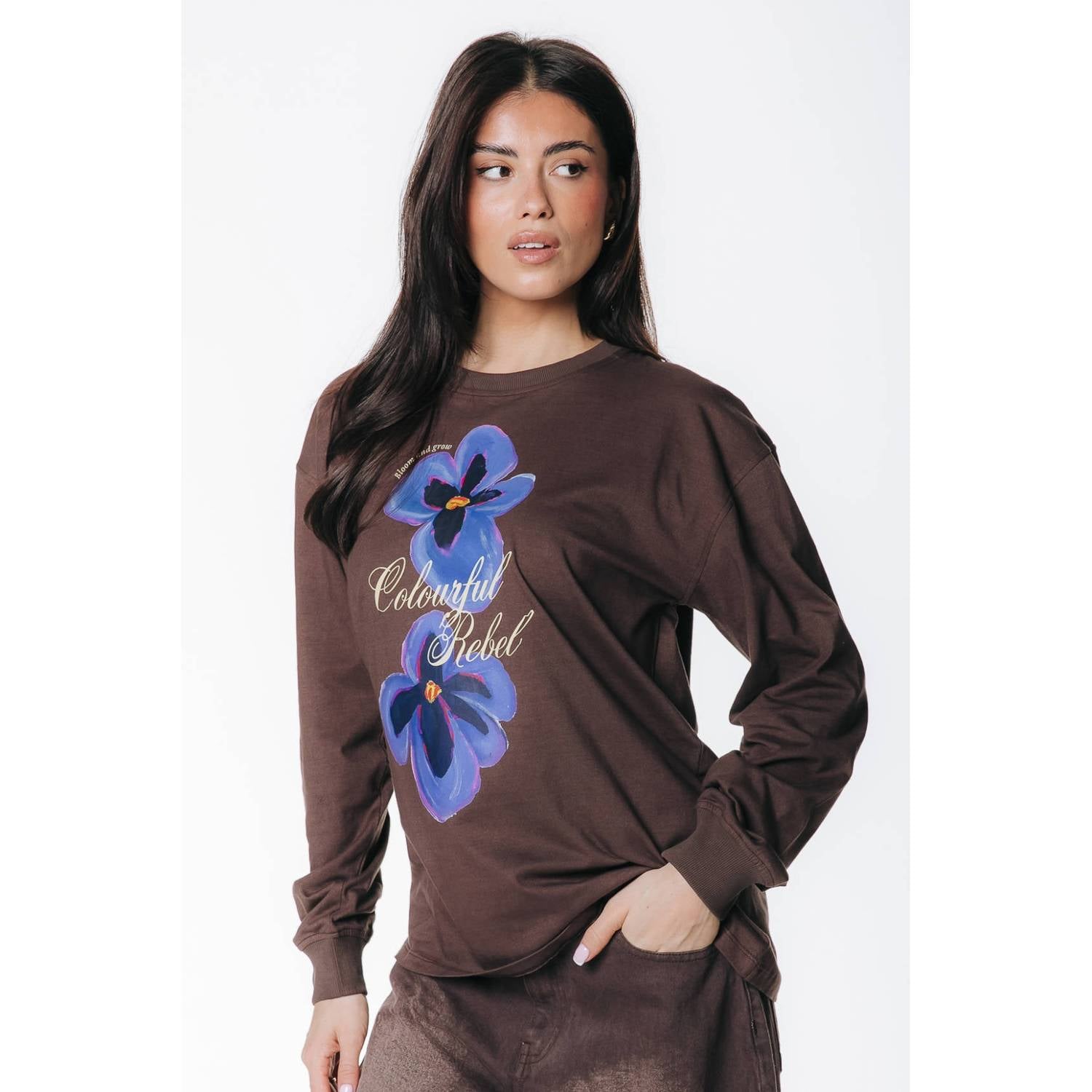 Colourful Rebel T-shirt met print donkerbruin