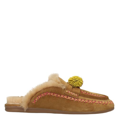 Poelman Nina suède slippers met pompons cognac