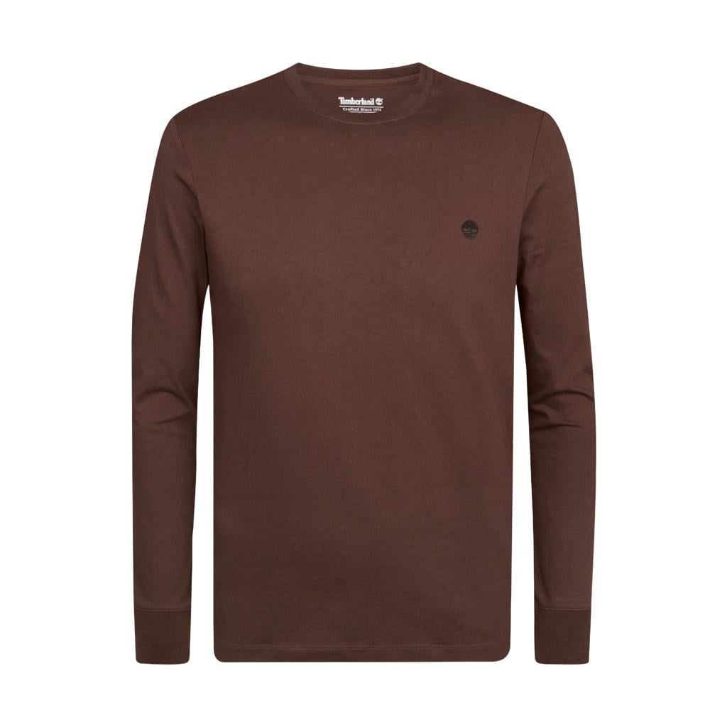 Bruine heren Timberland regular fit longsleeve van katoen met effen, lange mouwen en ronde hals