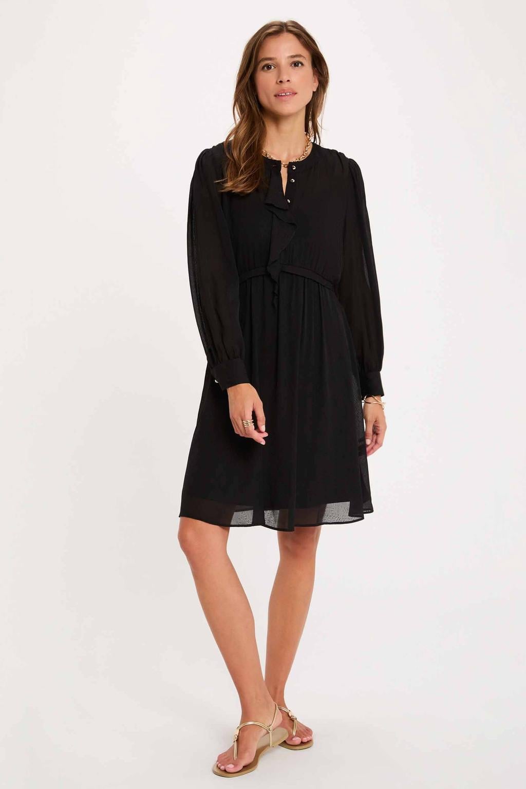 Zwarte dames Morgan korte jurk van polyester met effen, lange mouwen, ronde hals en knoopsluiting