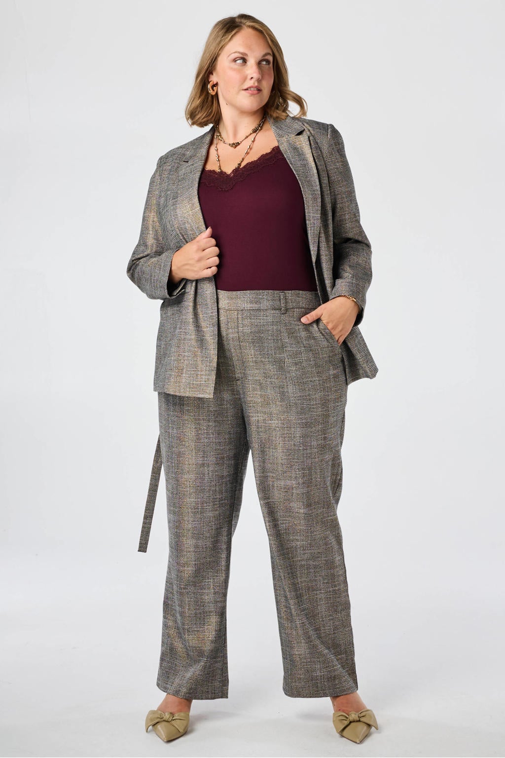 MS Mode regular fit geruite blazer Plus Size - grijsbruin