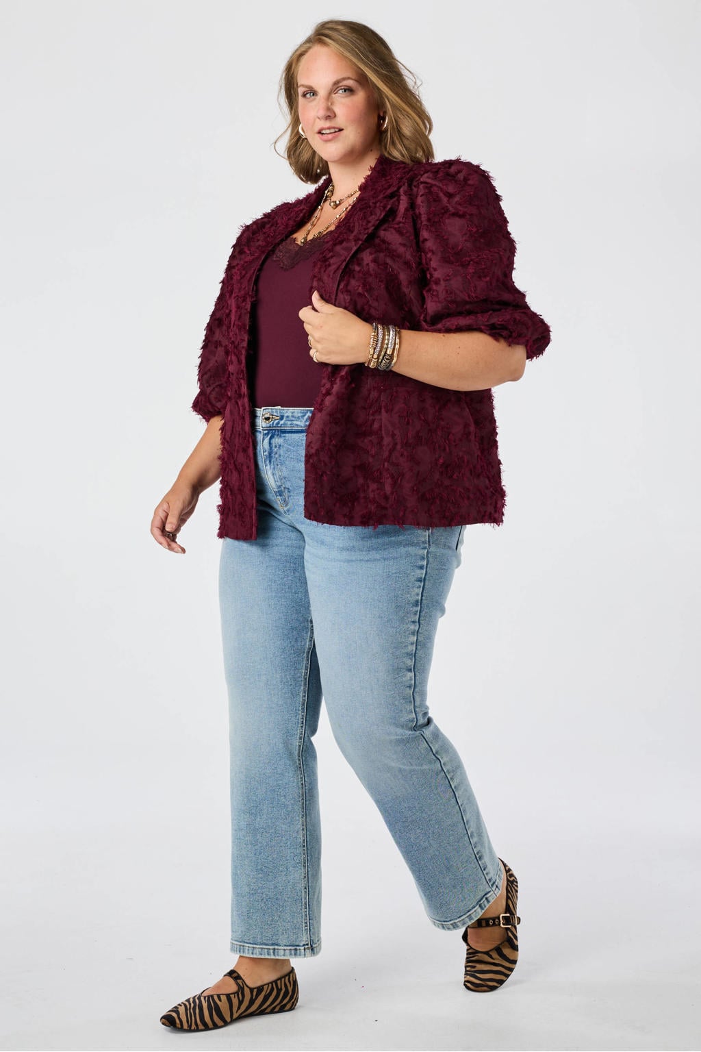 Donkerrode dames MS Mode regular fit blazer Plus Size van polyester met effen, driekwart mouwen en reverskraag