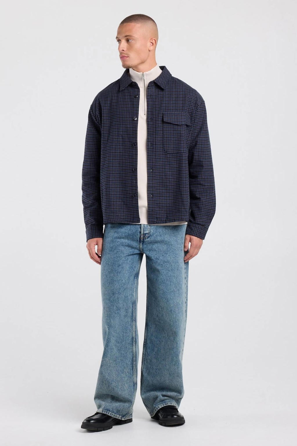 Blauw en grey heren America Today loose fit geruit casual overhemd van katoen met lange mouwen en klassieke kraag