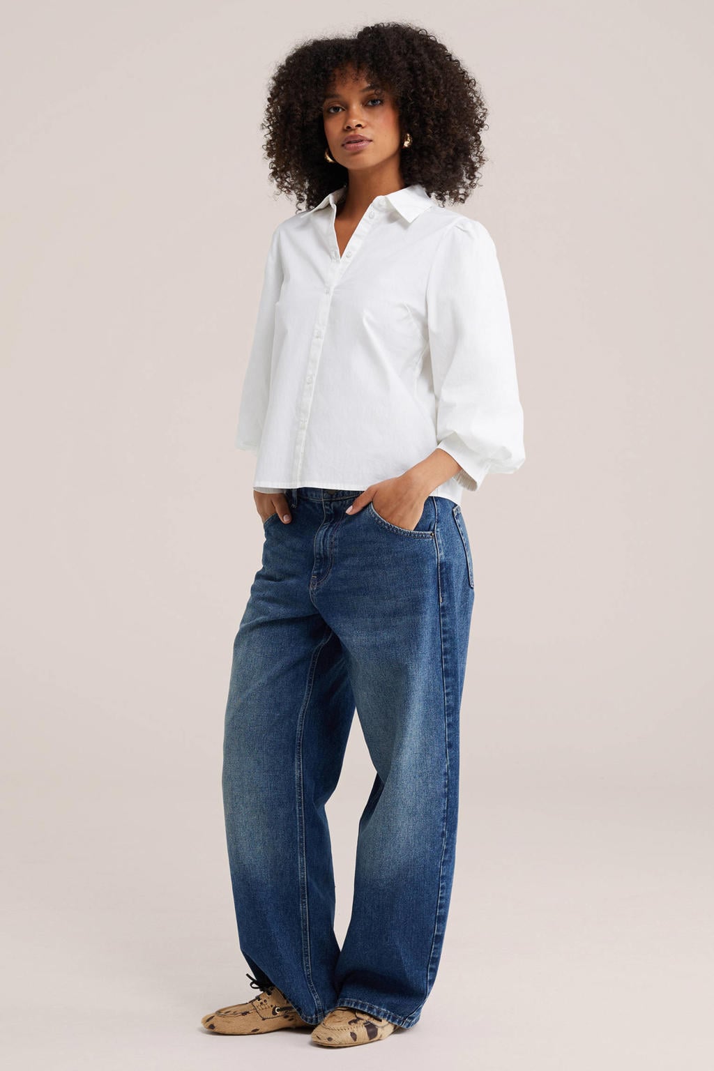 Witte dames WE Fashion blouse van katoen met effen, driekwart mouwen, klassieke kraag en knoopsluiting
