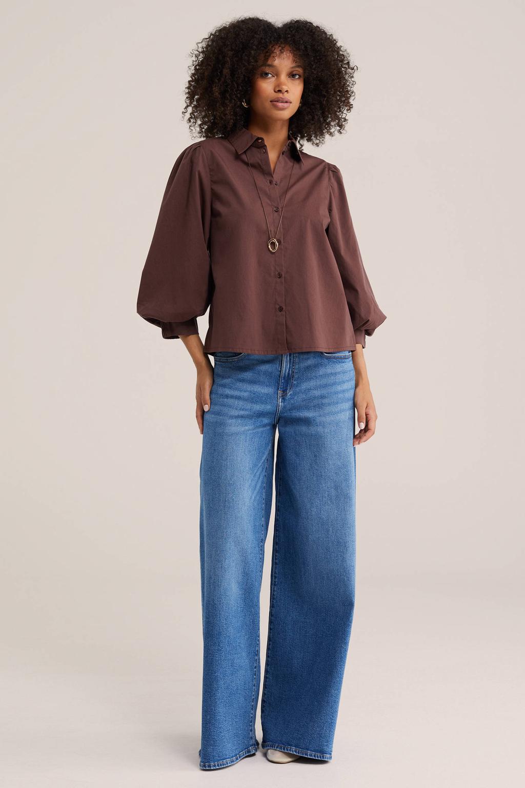 Bruine dames WE Fashion blouse van katoen met effen, driekwart mouwen, klassieke kraag en knoopsluiting