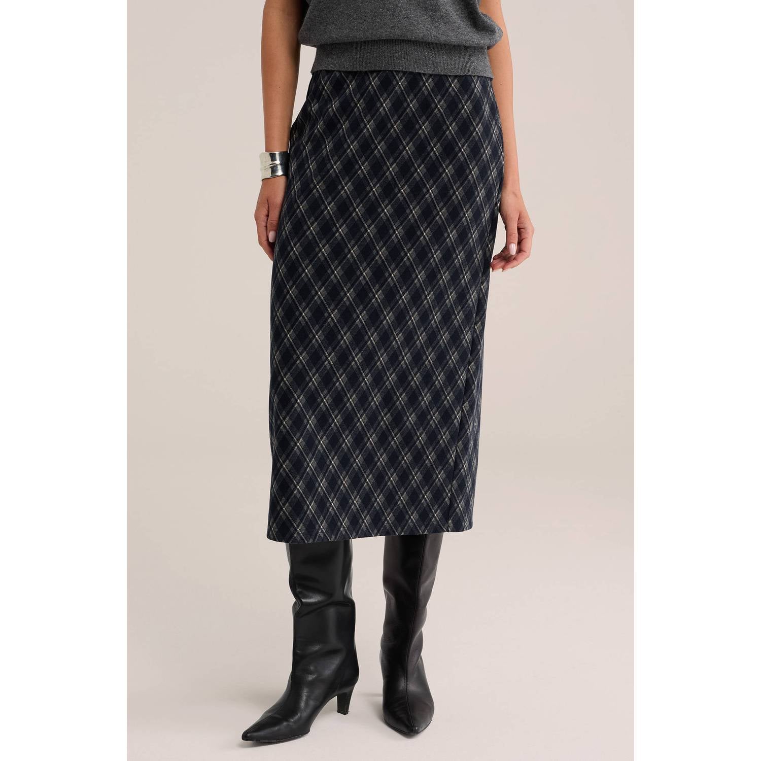 WE Fashion geruite midi kokerrok met split antraciet ecru zwart