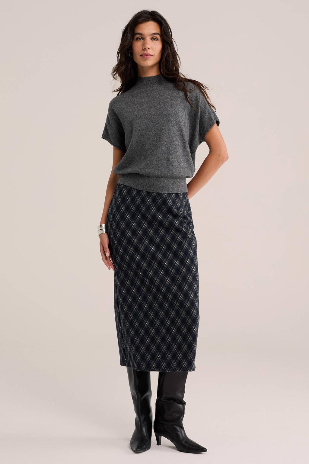WE Fashion geruite midi kokerrok met split - antraciet/ecru/zwart