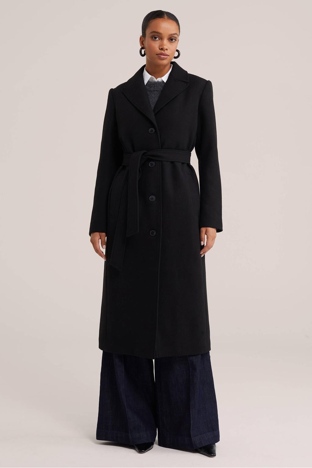 Zwarte dames WE Fashion wintermantel van polyester met effen, lange mouwen, reverskraag en ceintuur