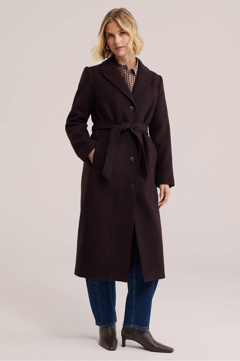 Donkerrode dames WE Fashion wintermantel van polyester met effen, lange mouwen, reverskraag en ceintuur