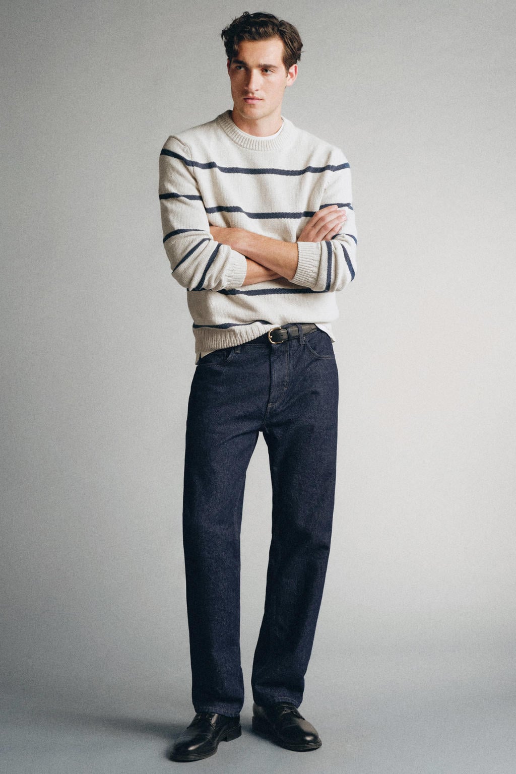 Grijze heren Mango Man katoenen relaxed fit gebreide gestreepte trui met lange mouwen en ronde hals