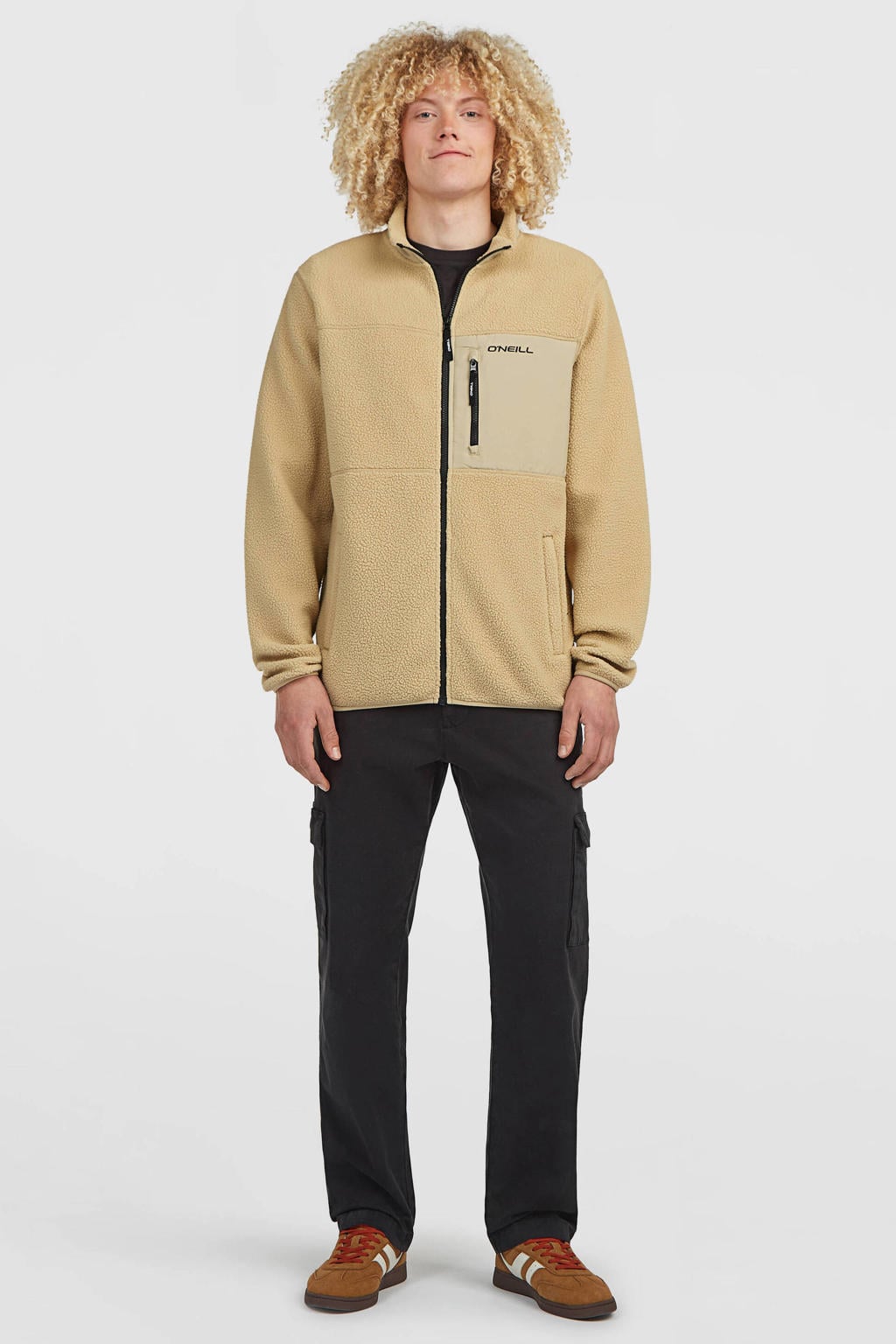 Beige heren O'Neill fleecevest met effen, lange mouwen, opstaande kraag, ritssluiting en elastische boord