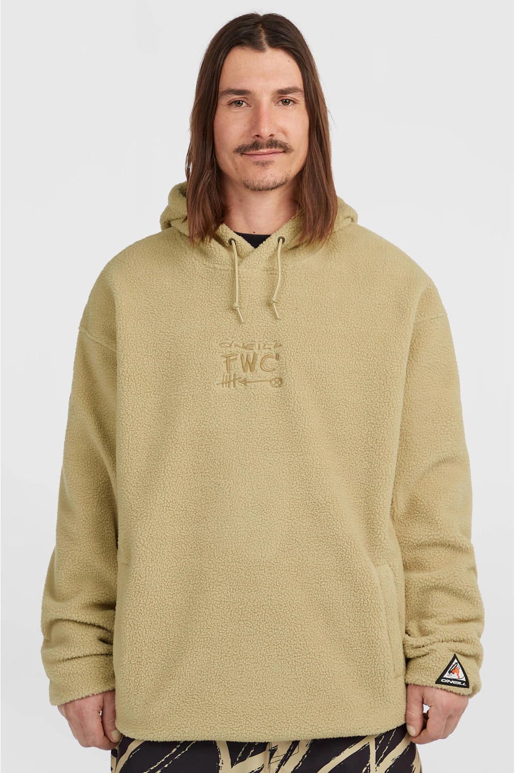 Beige heren O'Neill fleecetrui van sweat materiaal met effen, lange mouwen, capuchon en borduursels