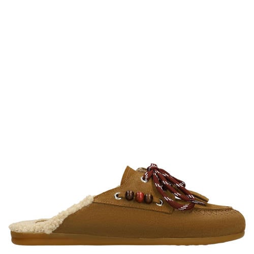 Manfield suède clogs met franjes cognac