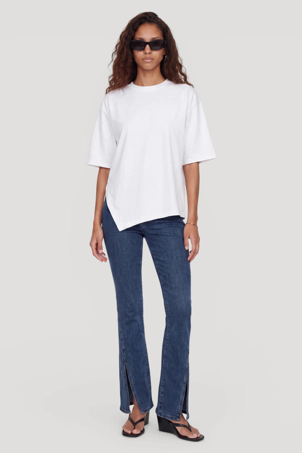 Witte dames EDITED T-shirt van katoen met effen, korte mouwen en ronde hals