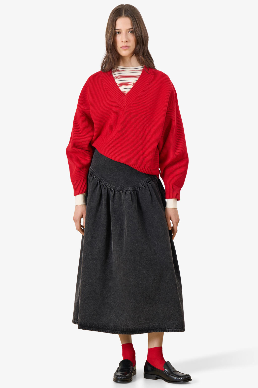 Rode dames EDITED gebreide trui van polyester met effen, lange mouwen en V-hals