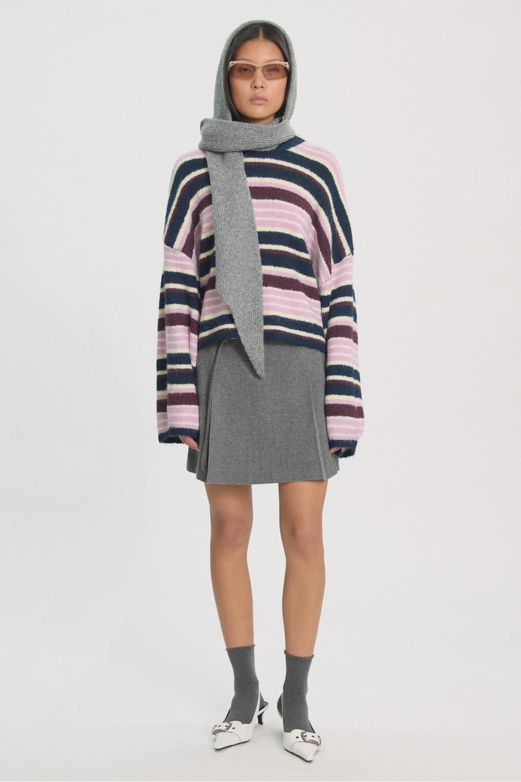 Donkerblauw en roze dames EDITED van polyester met meerkleurige print, lange mouwen en ronde hals