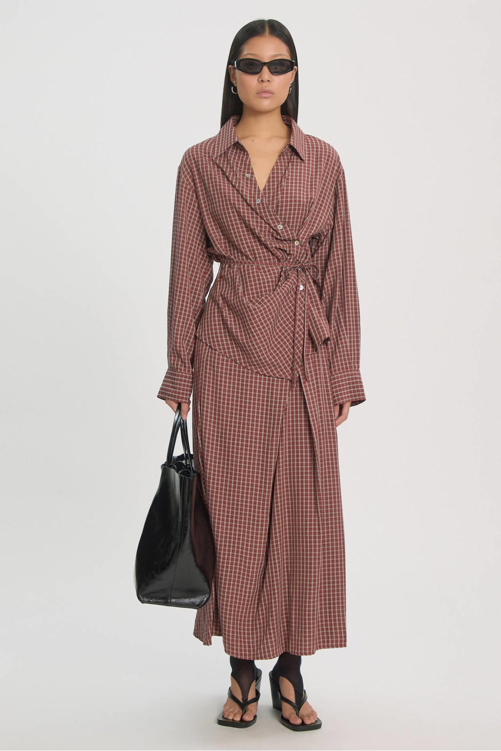 Rode dames EDITED van viscose met ruitenprint, lange mouwen, klassieke kraag en knoopsluiting
