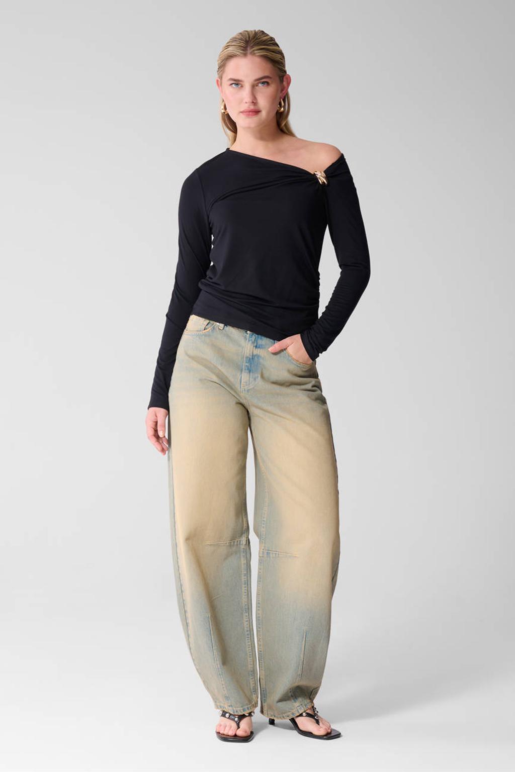 Zwarte dames Shoeby top van viscose met effen, lange mouwen en off shoulder hals