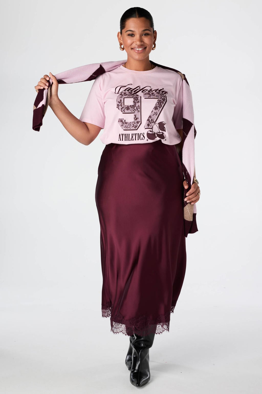 Lichtroze dames MS Mode T-shirt Plus Size van katoen met tekst print en korte mouwen
