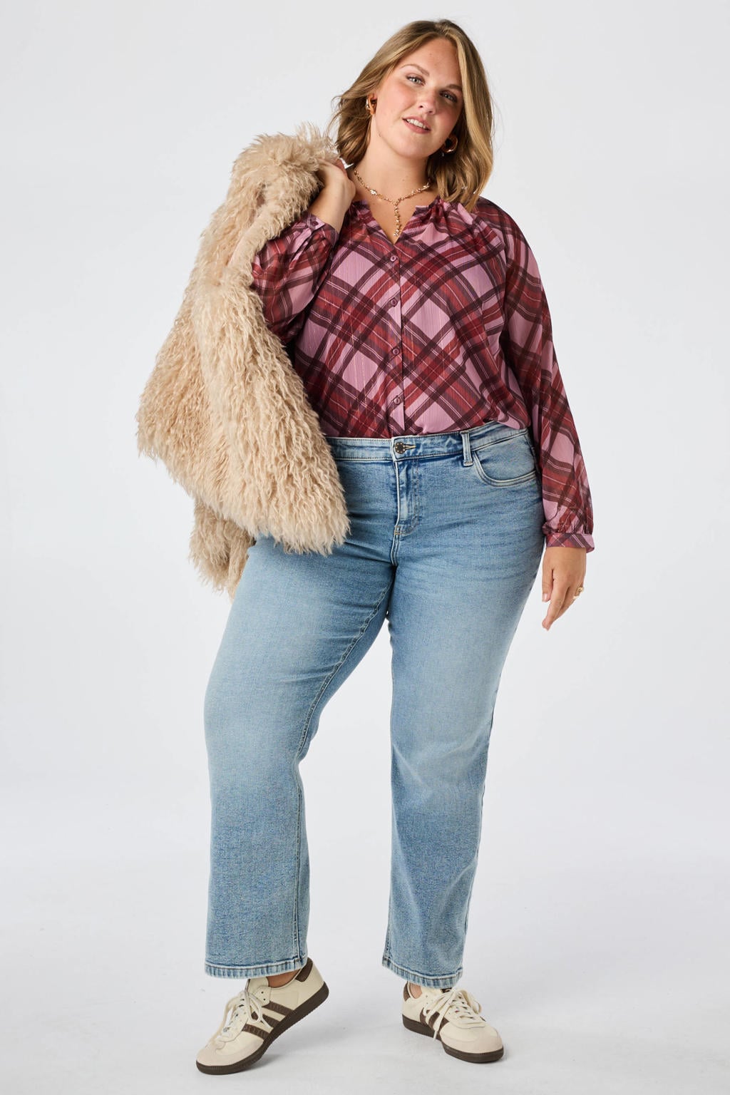 Rode dames MS Mode geruite blouse Plus Size van polyester met lange mouwen en knoopsluiting