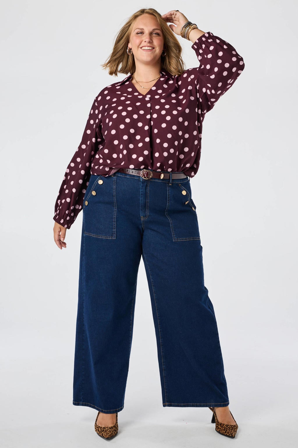 Dark blue denim dames MS Mode wide leg jeans Plus Size van denim met rits- en knoopsluiting en effen
