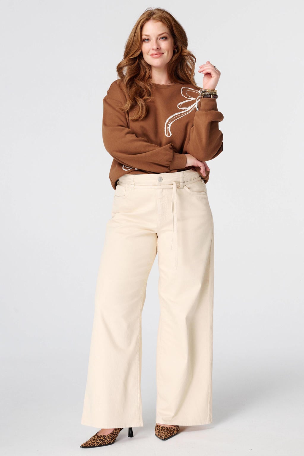 Ecru dames MS Mode wide leg jeans Plus Size van denim met rits- en knoopsluiting en effen