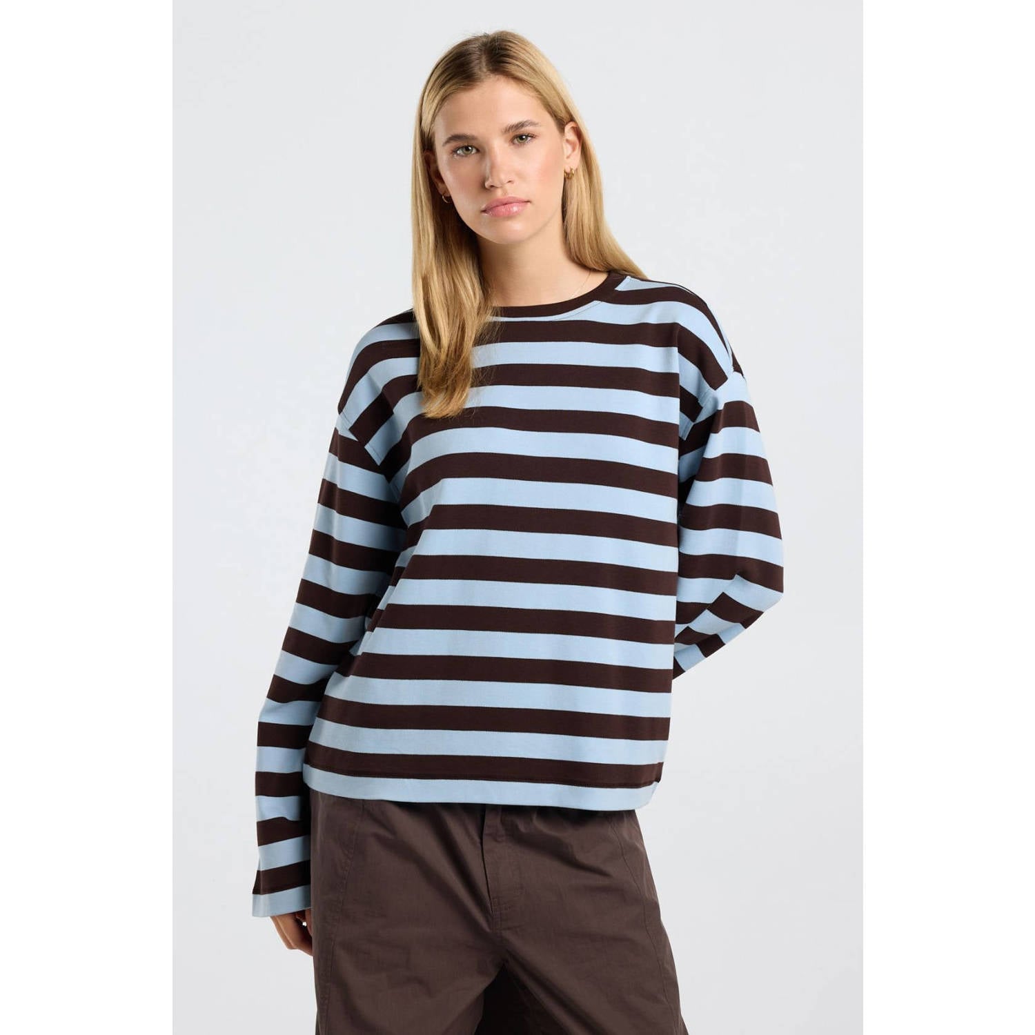 America Today gestreepte longsleeve lichtblauw bruin