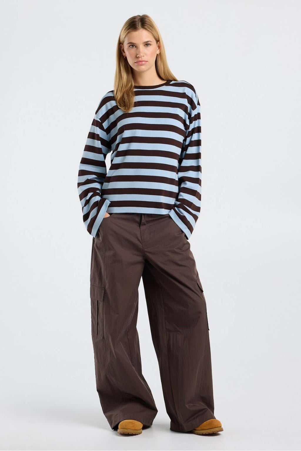 America Today gestreepte longsleeve - lichtblauw/bruin