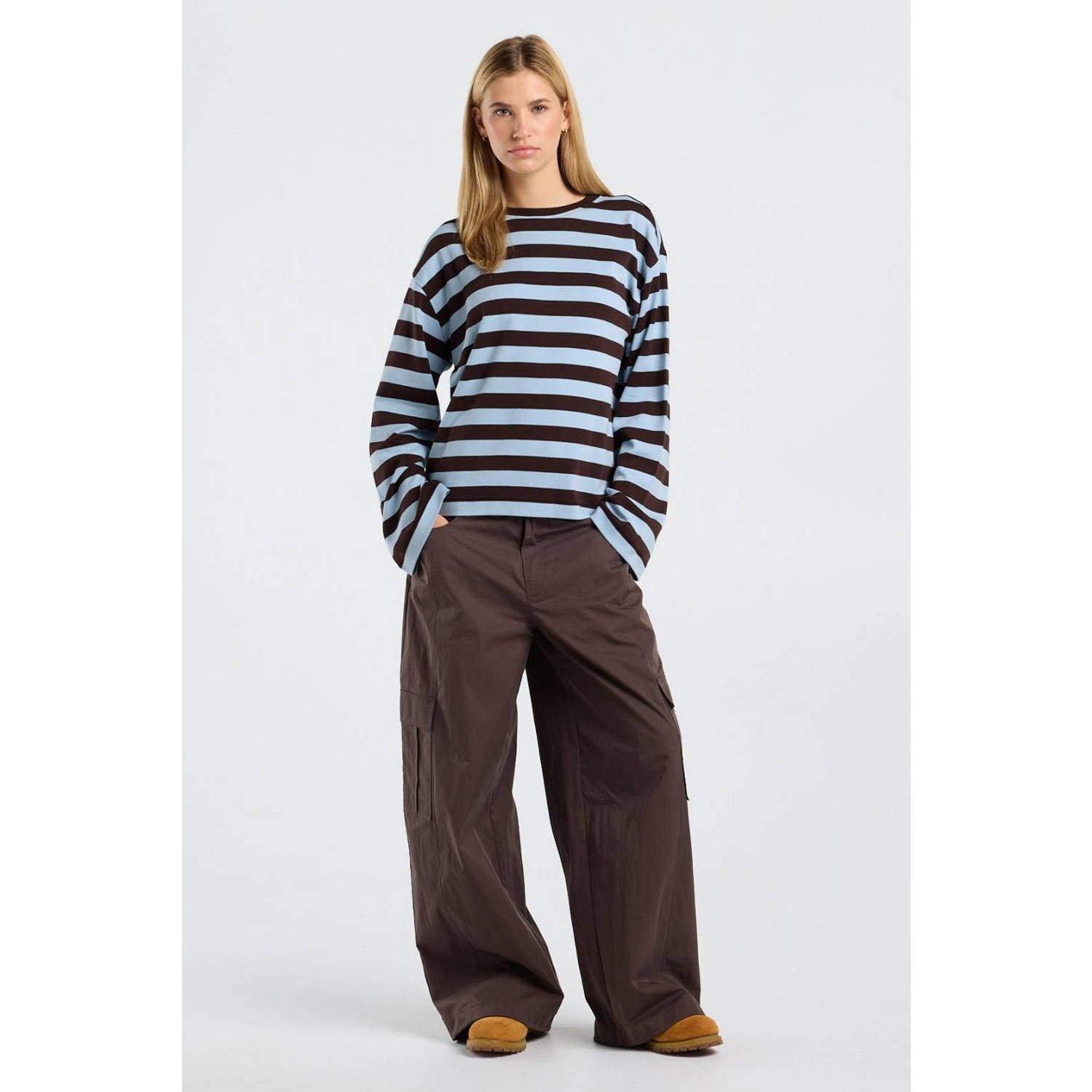America Today gestreepte longsleeve lichtblauw bruin