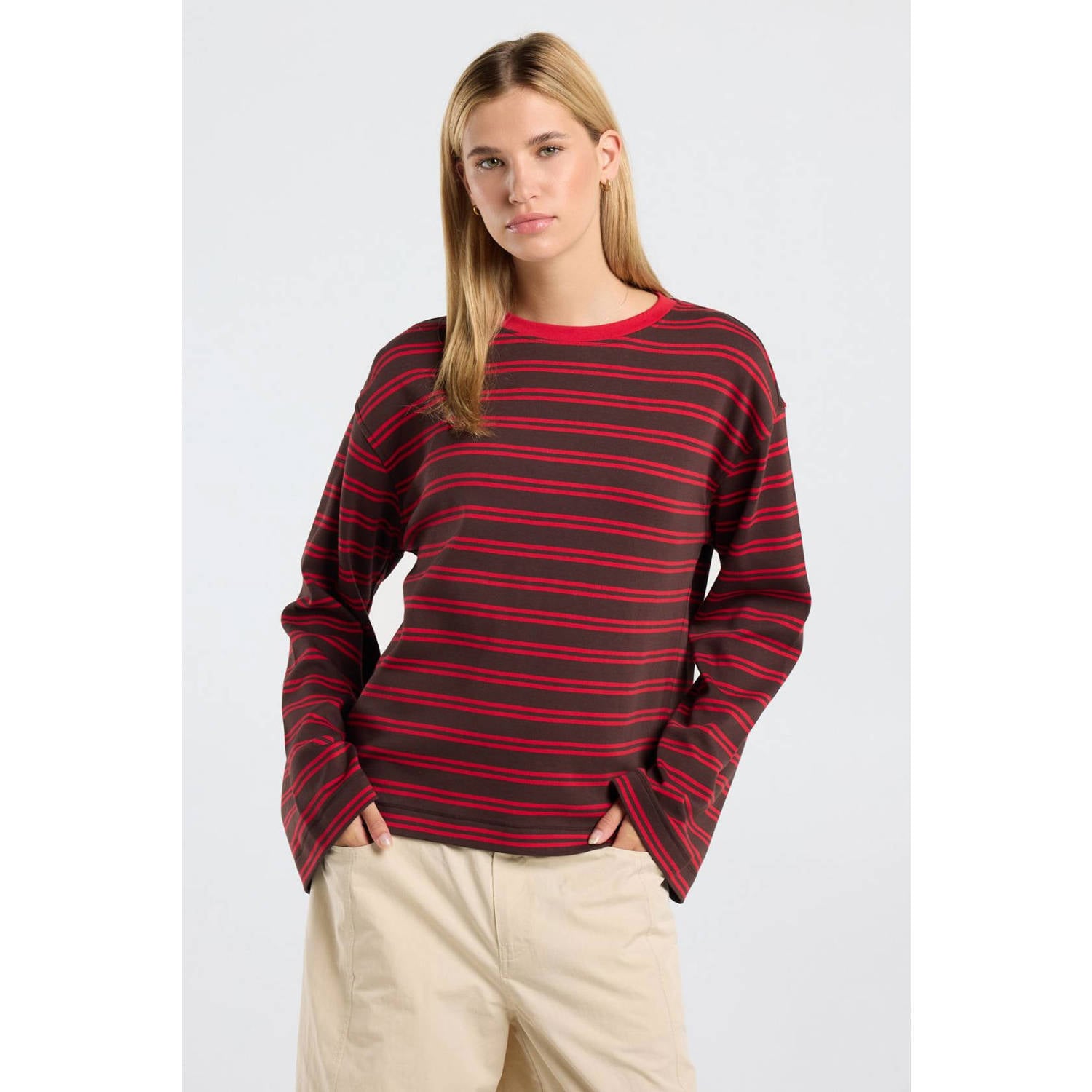 America Today gestreepte longsleeve bruin rood