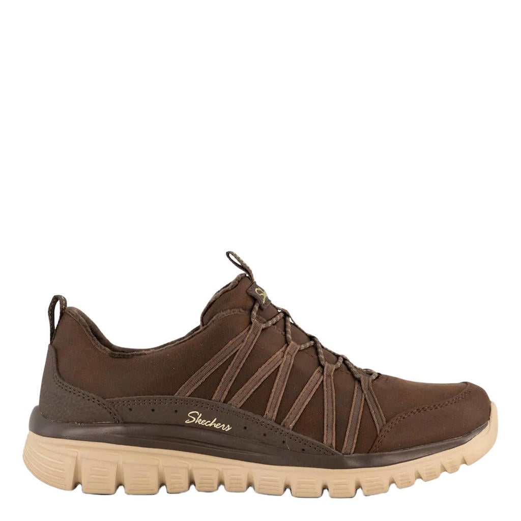 Bruine dames Skechers sneakers - van imitatieleer met elastische veters
