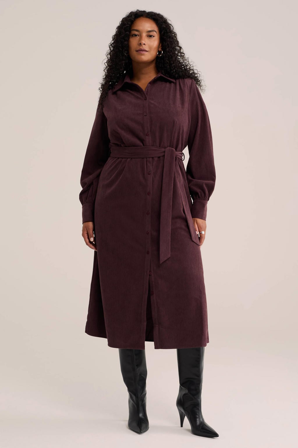 WE Fashion Plus Size corduroy midi blousejurk met ceintuur - donkerrood
