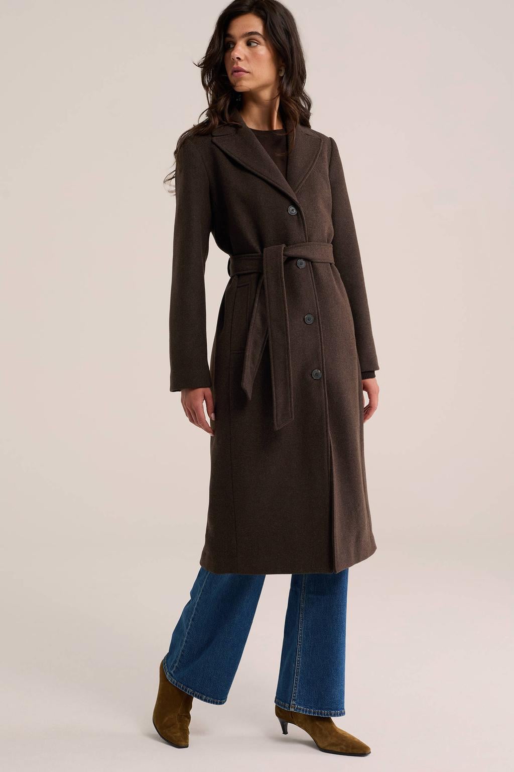 WE Fashion wintermantel met ceintuur, imitatiebontkraag en wol - bruin