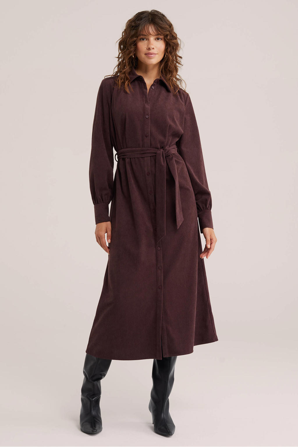 WE Fashion corduroy midi blousejurk met ceintuur - donkerrood