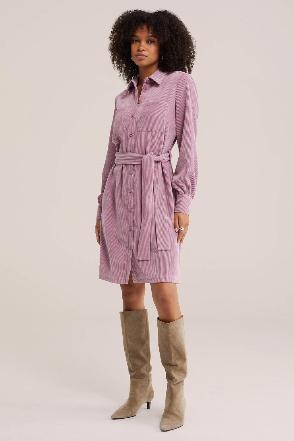 WE Fashion corduroy blousejurk met ceintuur - lichtroze