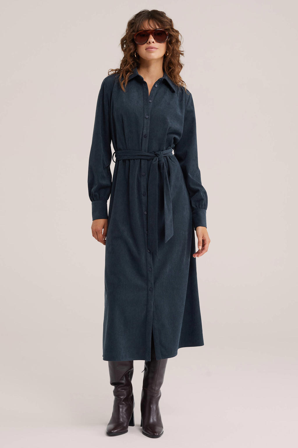 WE Fashion corduroy midi blousejurk met ceintuur - blauw