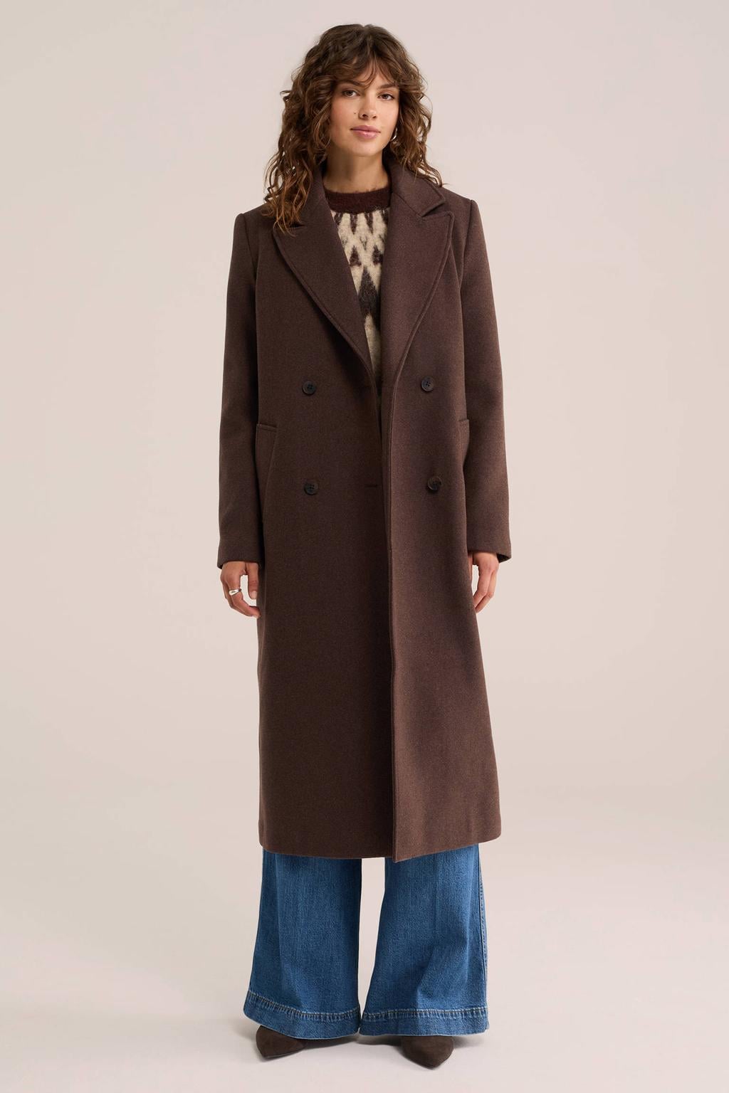 Bruine dames WE Fashion wintermantel van polyester met effen, lange mouwen en reverskraag