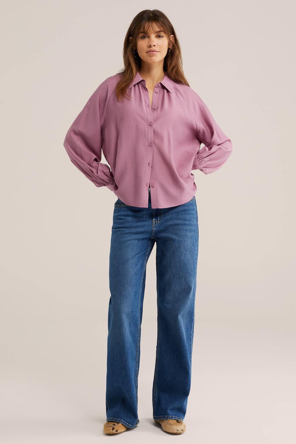 Lichtroze dames WE Fashion blouse van viscose met effen, lange mouwen, klassieke kraag en knoopsluiting