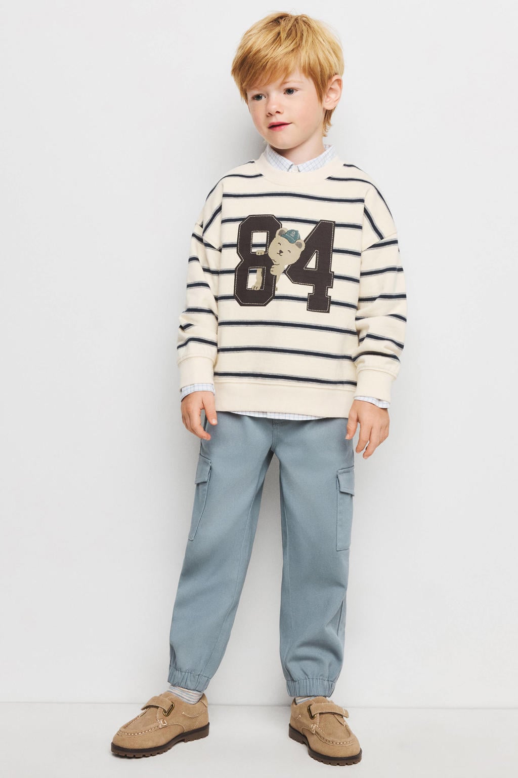 Wit, naturel en zwarte jongens Mango Kids gestreepte sweater met printopdruk en lange mouwen