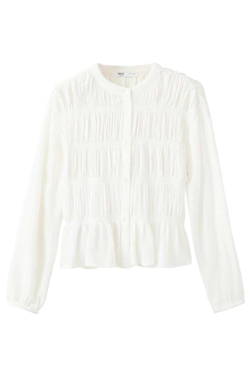 Witte meisjes MANGO TEEN longsleeve van katoen met effen, lange mouwen, ronde hals, knoopsluiting en smockwerk