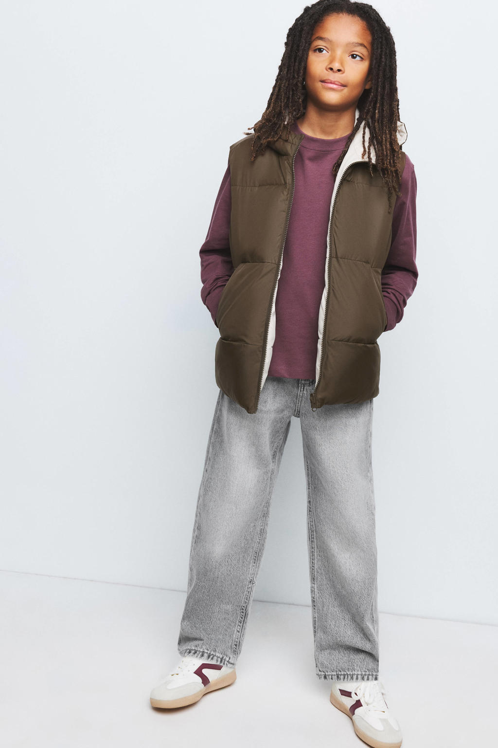 Bruin en ecru jongens Mango Kids bodywarmer van polyester met effen, capuchon en ritssluiting