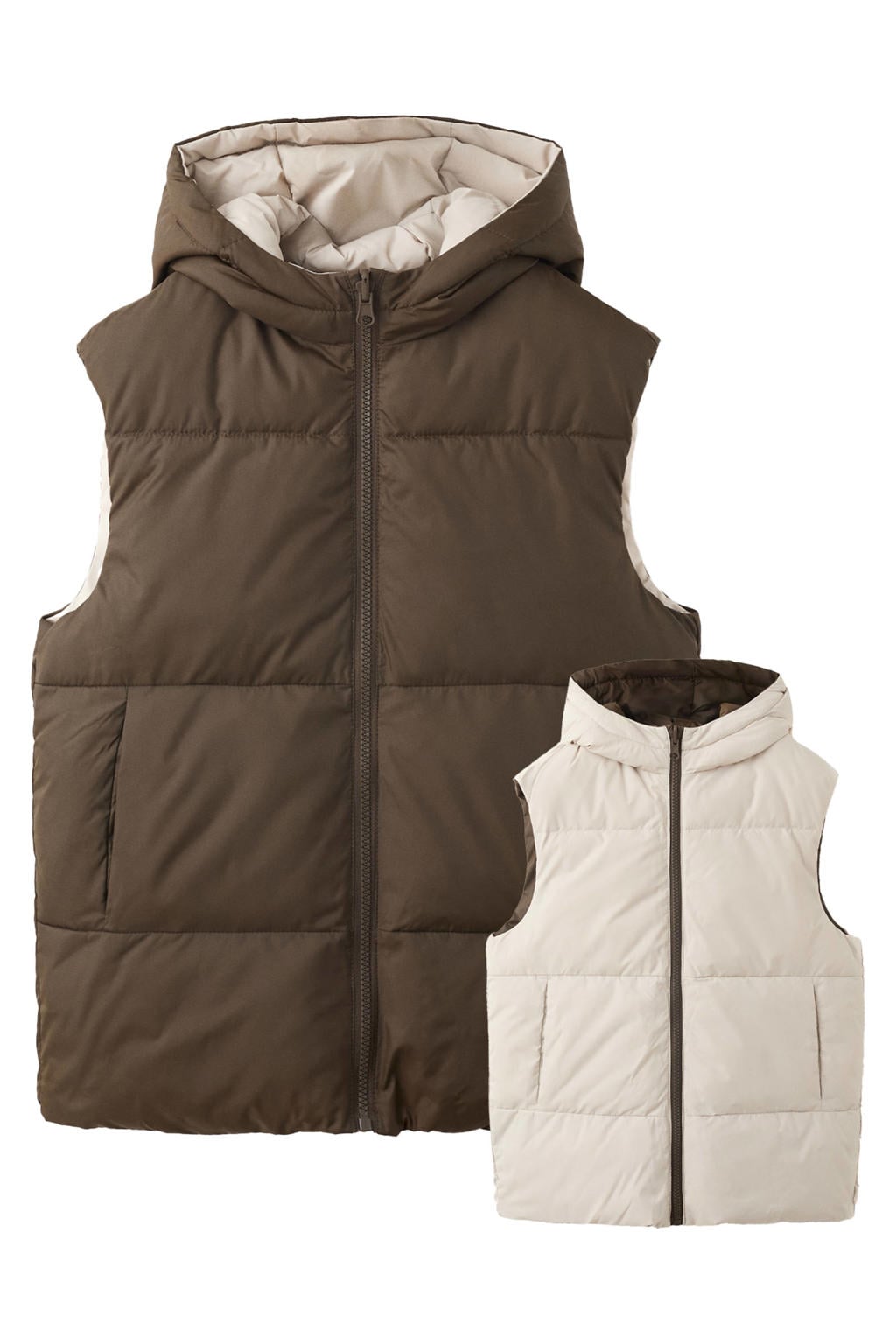 Bruin en ecru jongens Mango Kids bodywarmer van polyester met effen, capuchon en ritssluiting
