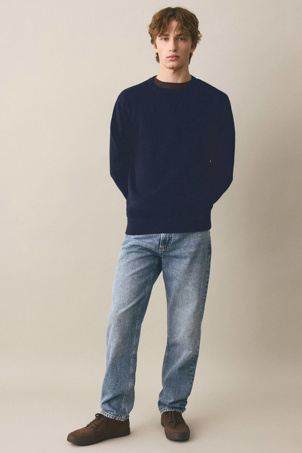 Marineblauw jongens MANGO TEEN katoenen gebreide trui blauw met lange mouwen en ronde hals