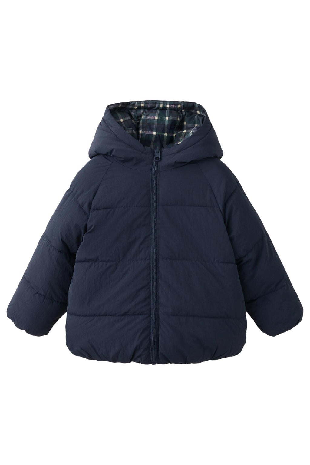 Marineblauw, marine en groene jongens Mango Kids geruite winterjas blauw van polyamide met effen, lange mouwen, capuchon en ritssluiting