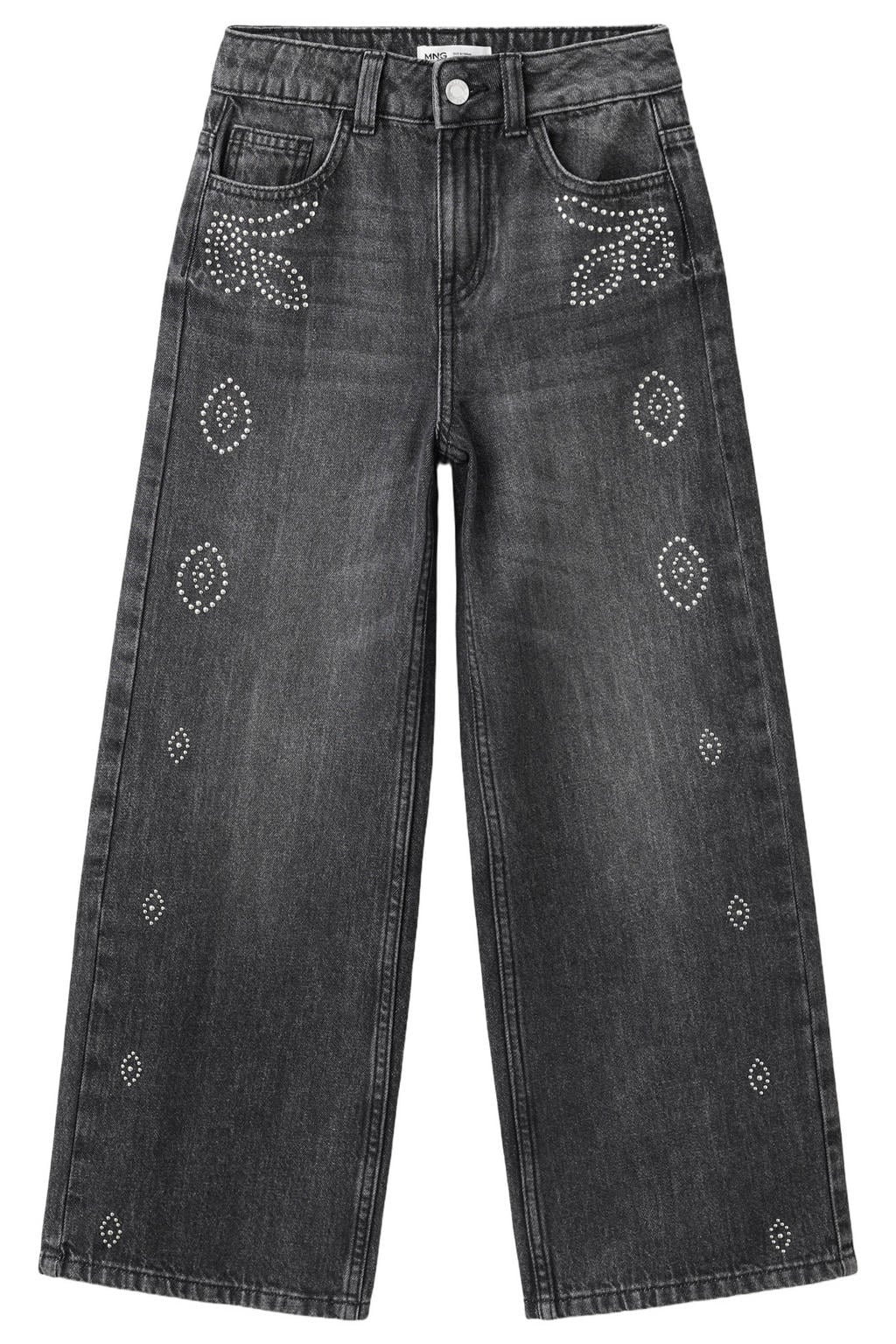Grey denim meisjes Mango Kids regular waist wide leg jeans en print