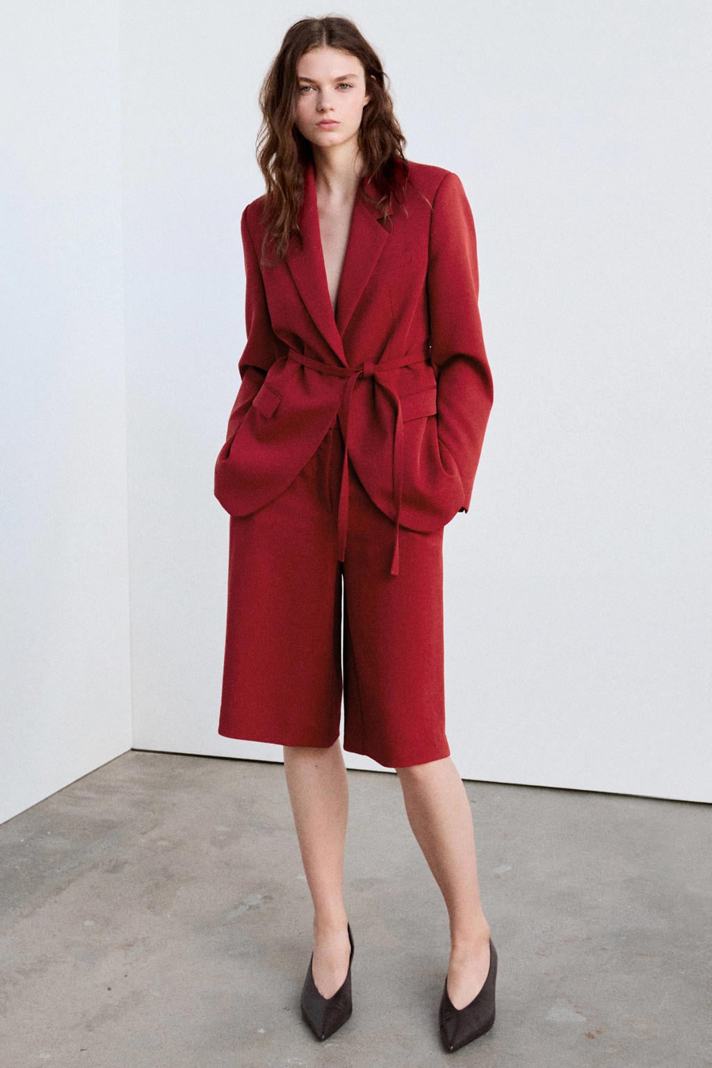 Mango regular blazer met ceintuur en wol - rood