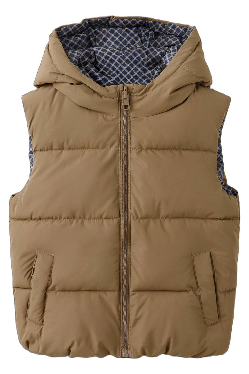 Bruin en blauwe jongens Mango Kids geruite bodywarmer van polyester met effen, capuchon en ritssluiting