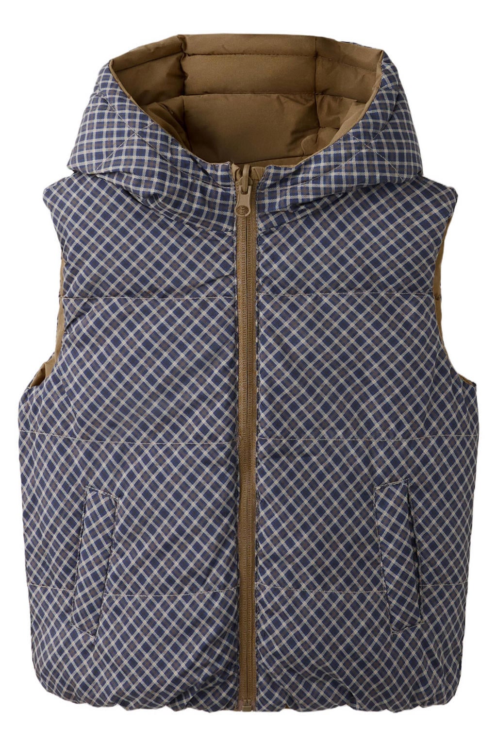 Bruin en blauwe jongens Mango Kids geruite bodywarmer van polyester met effen, capuchon en ritssluiting