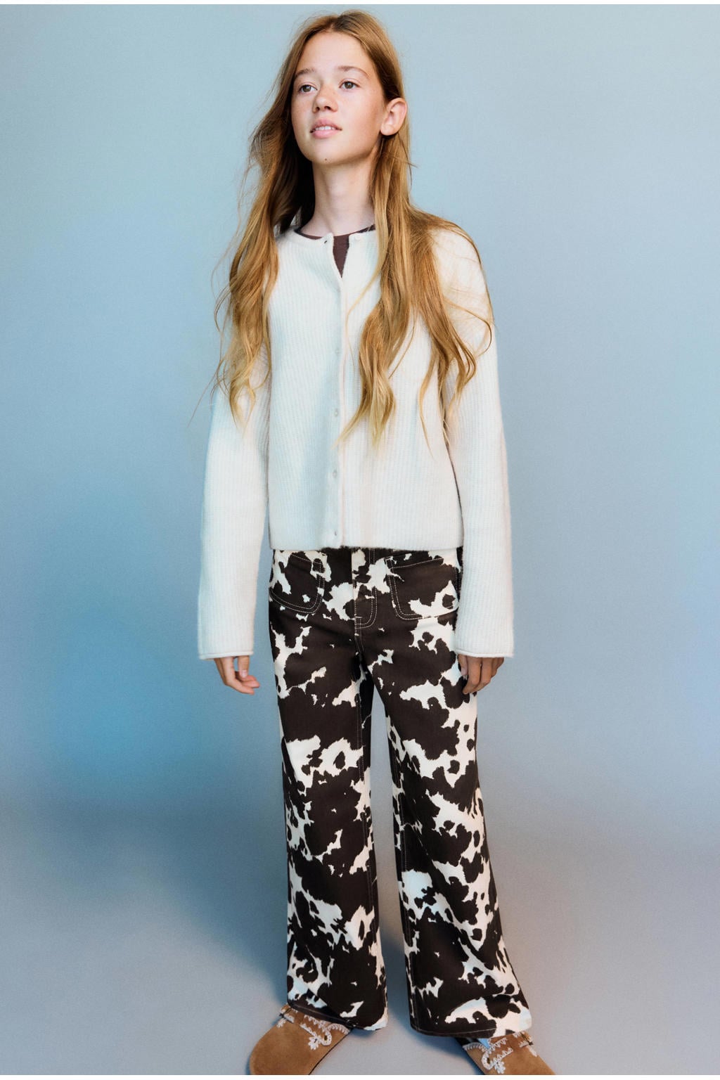Bruin en witte meisjes Mango Kids wide leg jeans van denim met rits- en knoopsluiting en dierenprint